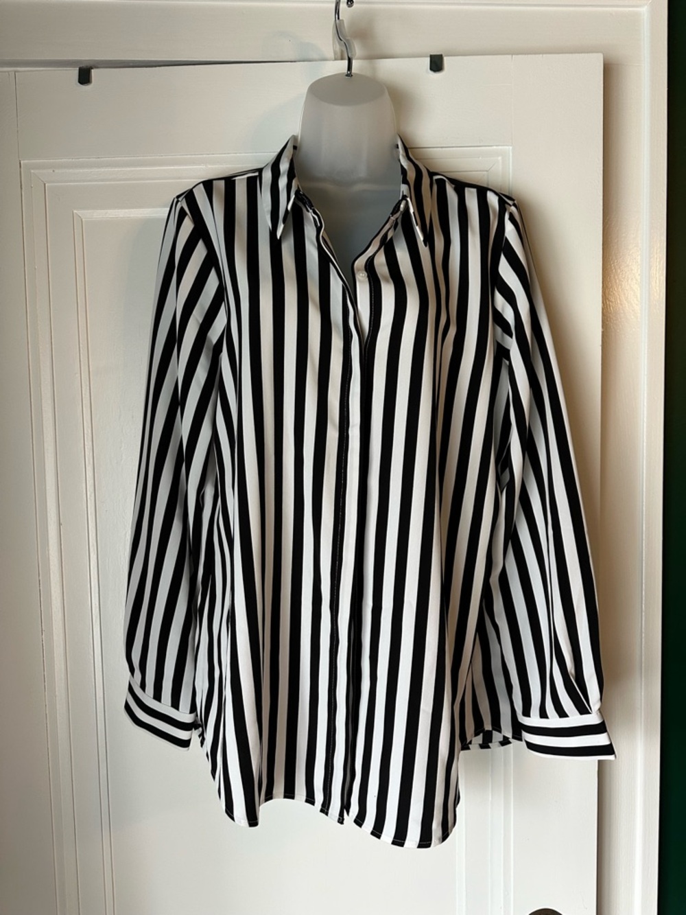 Karl Lagerfeld Black & White Vertical Stripe Silk-Feel Button Blouse